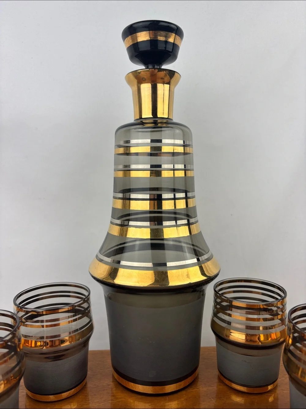 Vintage mid-century modern smoky glass decanter bar ware set